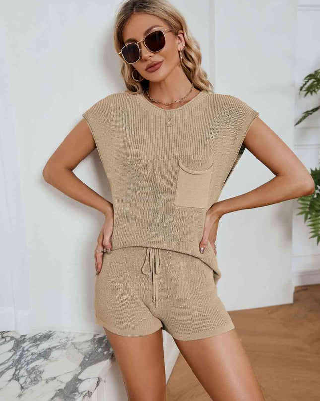 Ribbed Round Neck Pocket Knit Top and Shorts Set