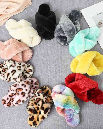 Faux Fur Crisscross Strap Slippers