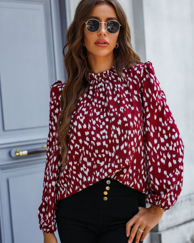 Printed Mock Neck Puff Sleeve Blouse