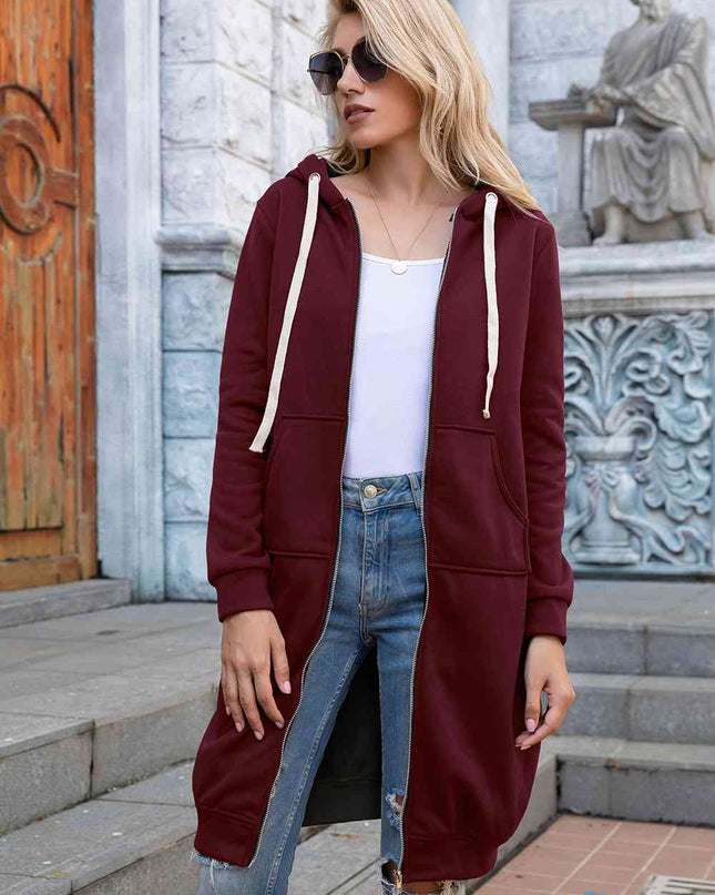 Zip-Up Longline Hoodie with Pockets