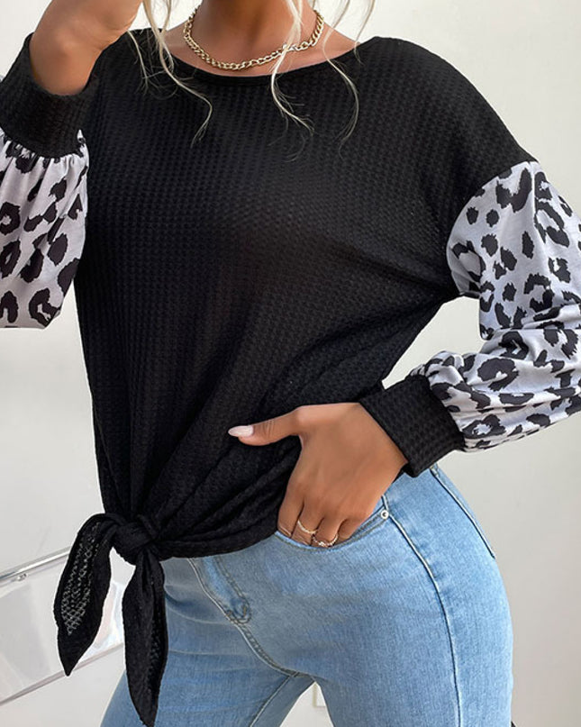 Leopard Print Sleeve Tie Front Top