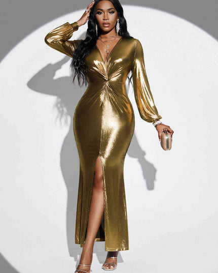 Plunge Twisted Slit Midi Dress