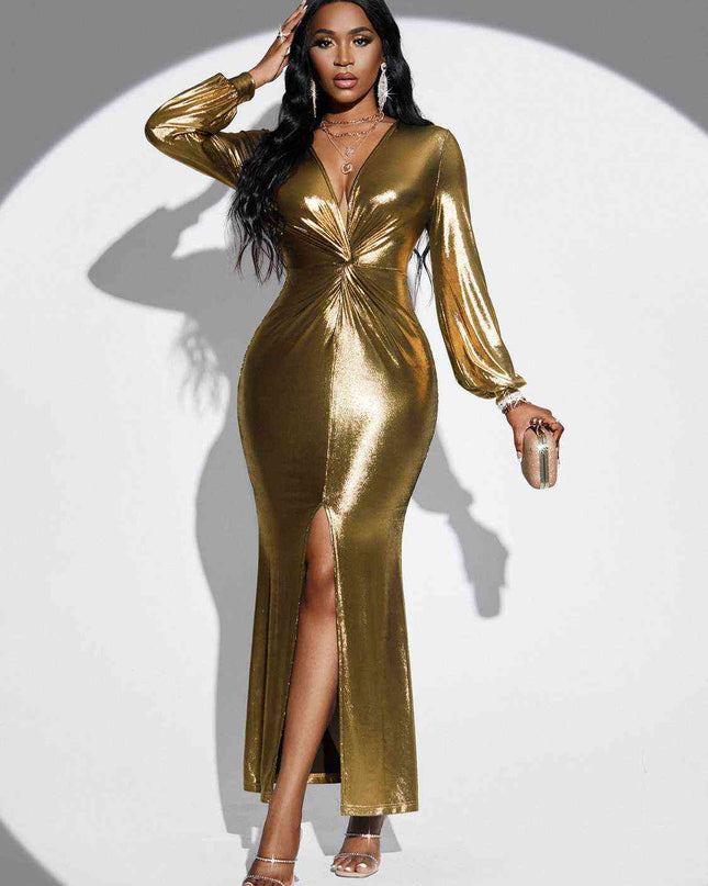 Plunge Twisted Slit Midi Dress