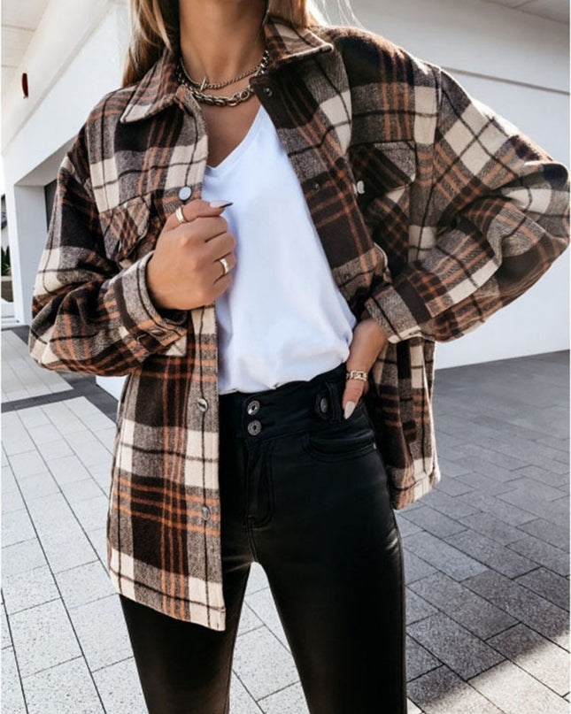Pocketed Plaid Snap Down Dropped Shoulder Jacket
