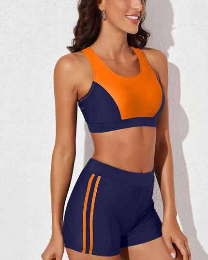 Printed Scoop Neck Back Crisscross Swim Set