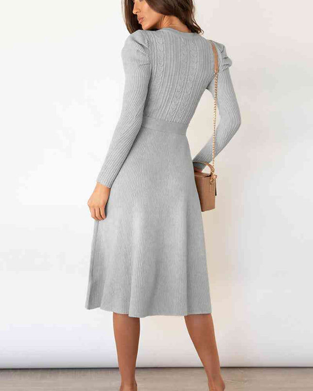 Round Neck Long Sleeve Tie Waist Sweater Dress