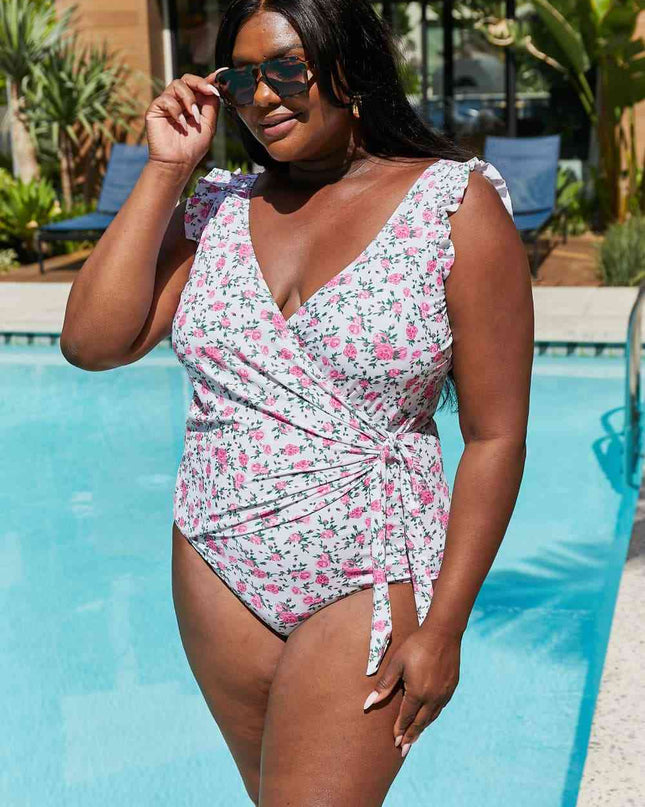 Marina West Swim Full Size Float On Ruffle Faux Wrap One-Piece in Roses Off-White