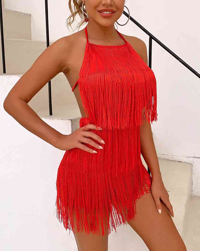 Fringed Halter Neck Tied Back Mini Dress