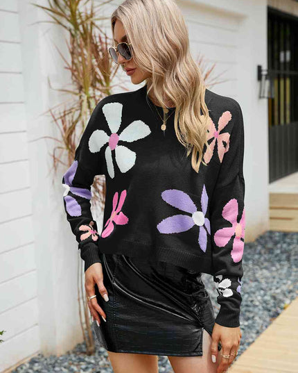 Flower Round Neck Drop Shoulder Sweater