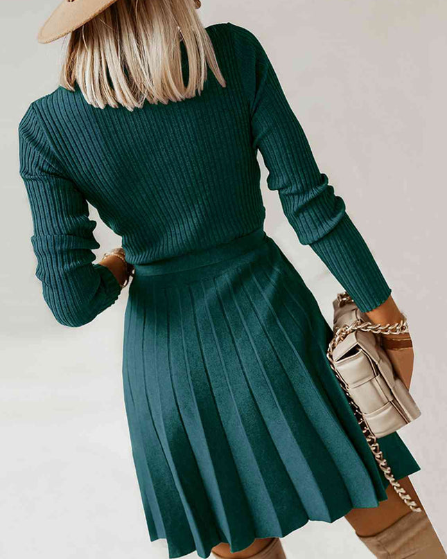 Surplice Neck Tie Front Pleated Sweater Dress