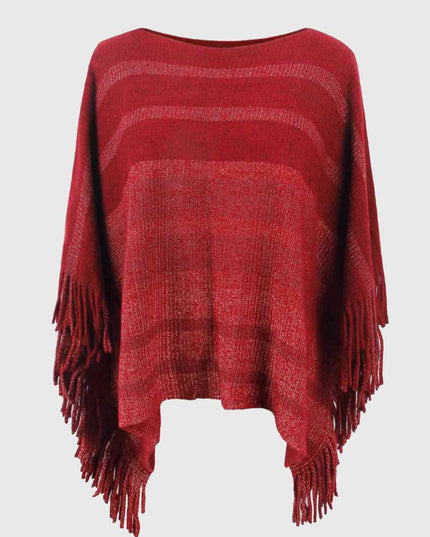 Striped Boat Neck Poncho with Fringes