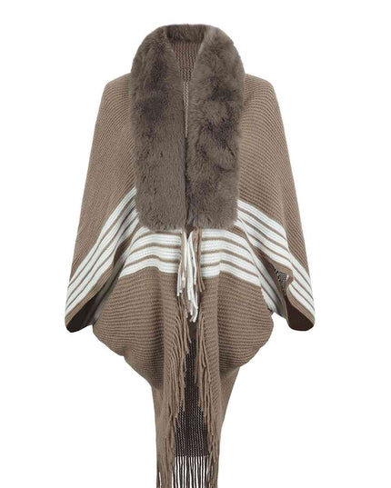 Striped Fringe Detail Long Sleeve Poncho