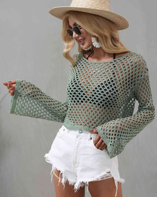 Openwork Flare Sleeve Cropped Cover Up