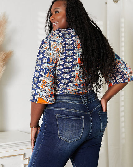 Double Take Tie Hem V-Neck Three-Quarter Sleeve Blouse