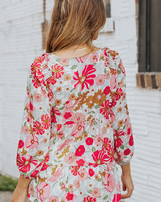 Floral V-Neck Tiered Babydoll Blouse