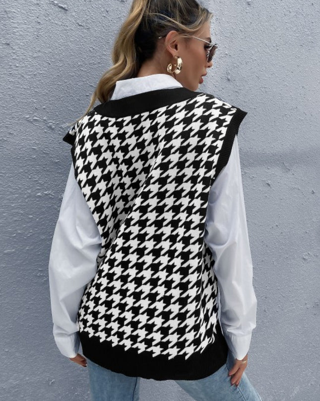 Houndstooth Ribbed V-Neck Sweater Vest
