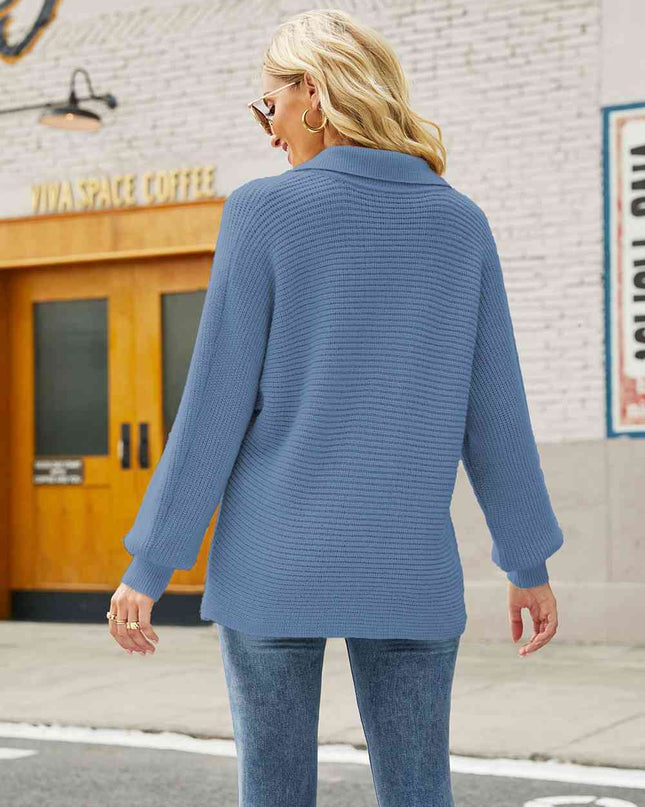 Double Take Horizontal Ribbing Johnny Collar Sweater