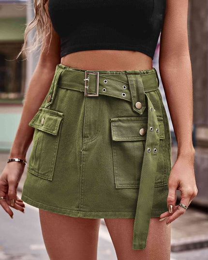 Belted Denim Shorts with Pockets