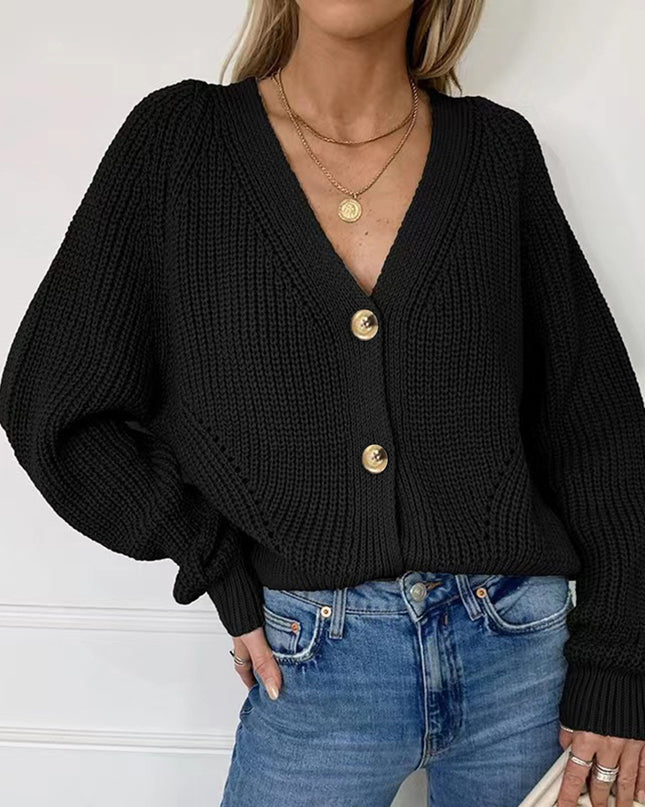 Button Up V-Neck Long Sleeve Cardigan