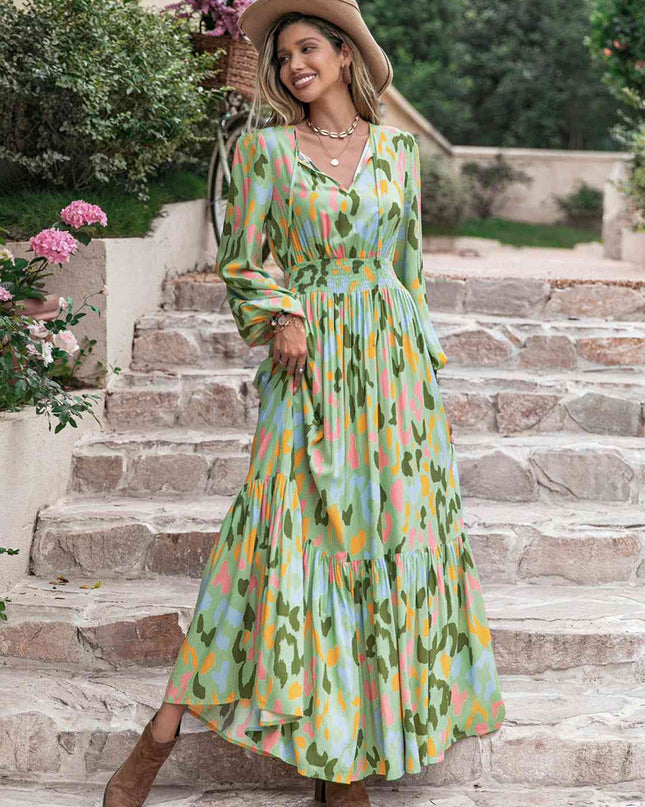 Printed Tie Neck Long Sleeve Maxi Dress