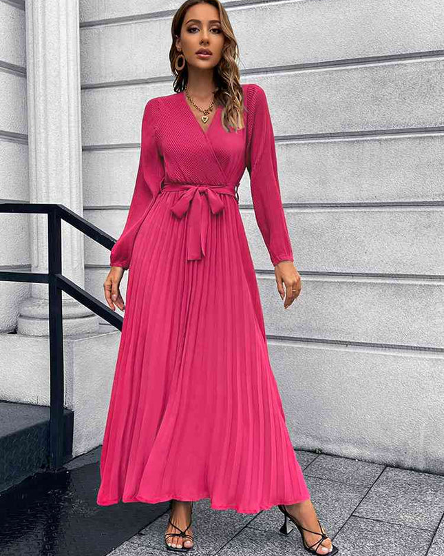 V-Neck Tie Waist Pleated Maxi Dress