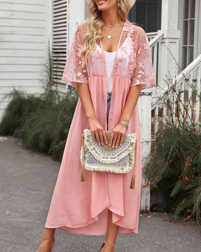 Floral Mesh Lace Crochet Open Front Kimono