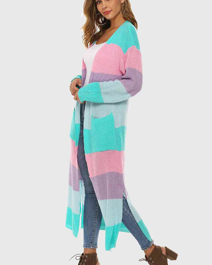 Color Block Long Sleeve Pocketed Cardigan