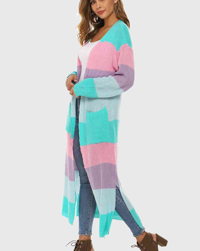 Color Block Long Sleeve Pocketed Cardigan