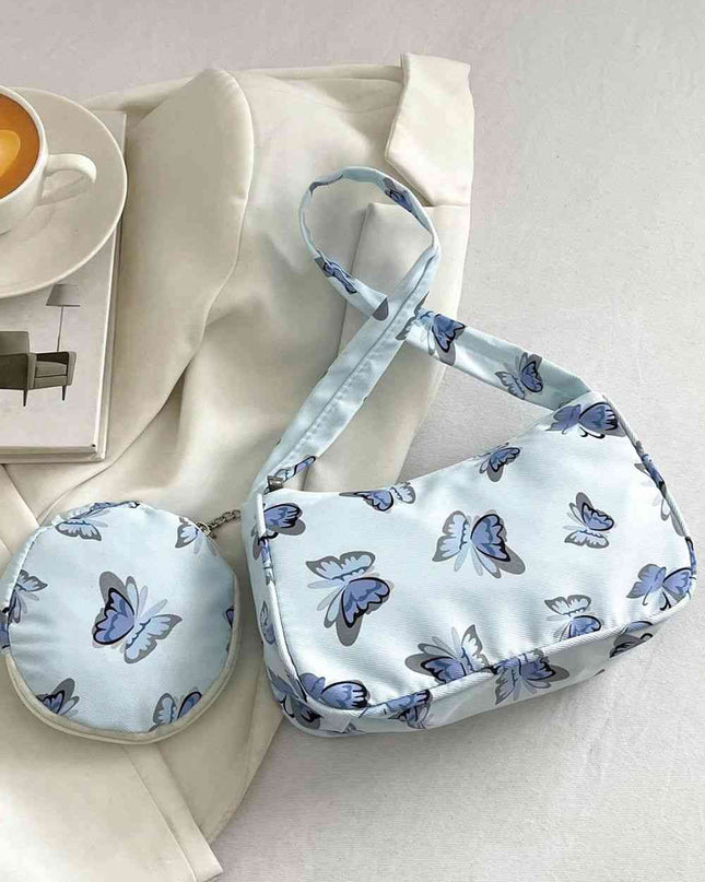 Butterfly Print Shoulder Bag with Purse
