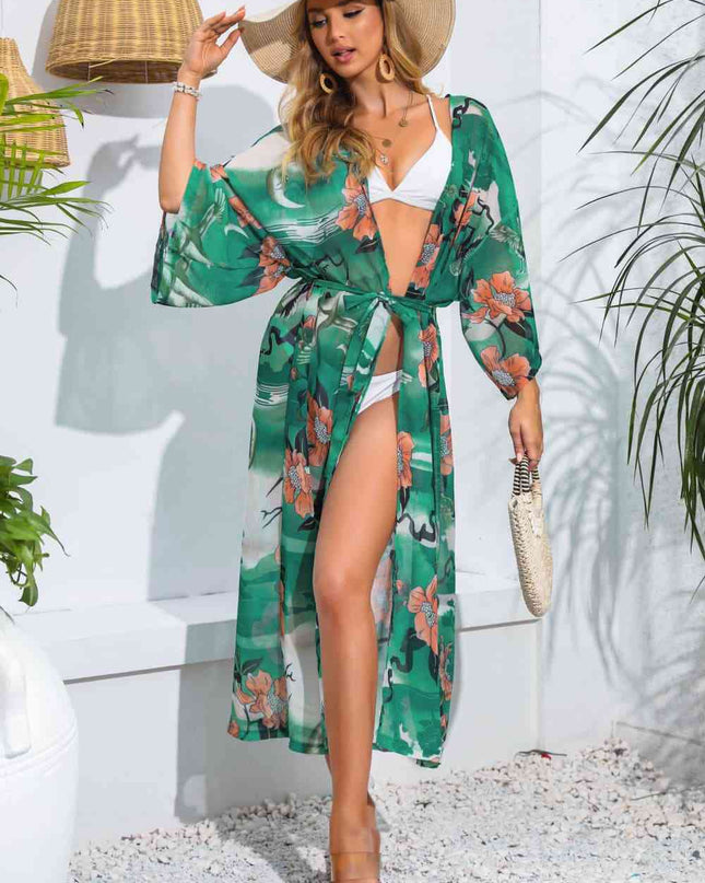 Floral Tie Waist Duster Cover Up
