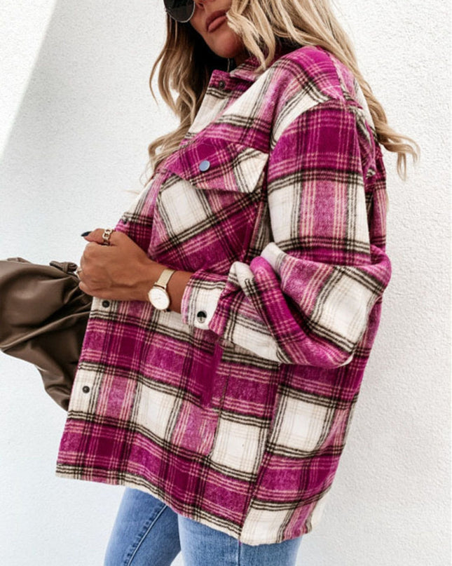Pocketed Plaid Snap Down Dropped Shoulder Jacket