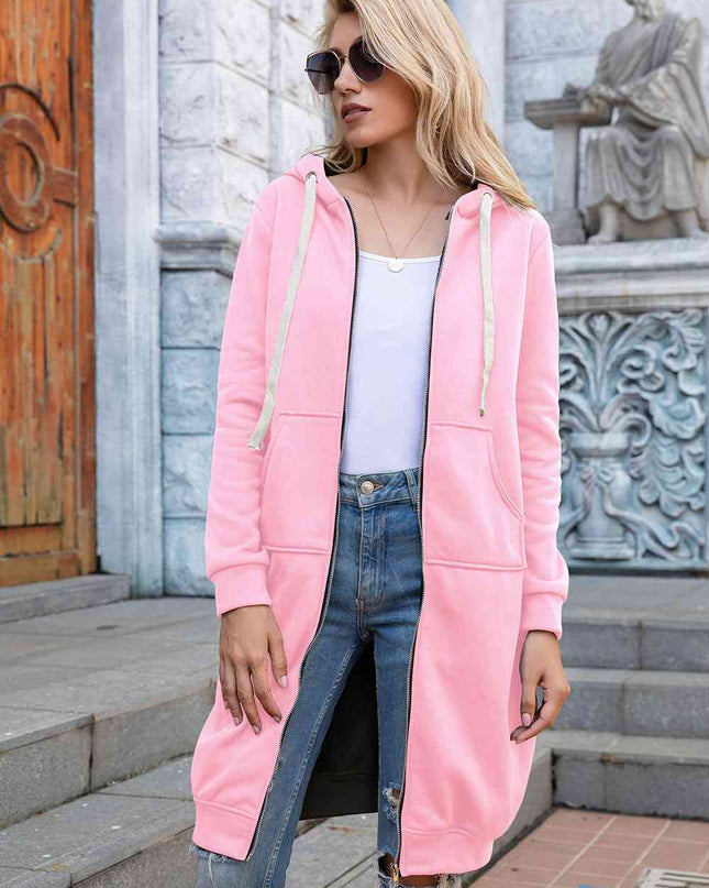 Zip-Up Longline Hoodie with Pockets