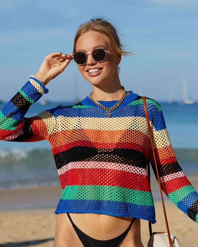Rainbow Stripe Openwork Long Sleeve Cover-Up