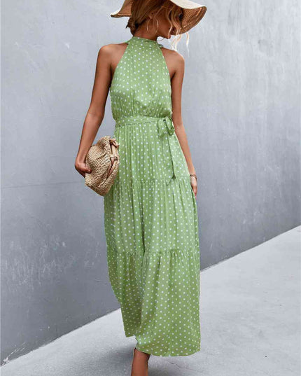 Printed Sleeveless Tie Waist Maxi Dress