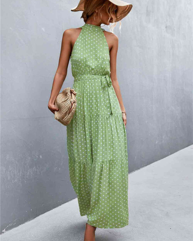 Printed Sleeveless Tie Waist Maxi Dress