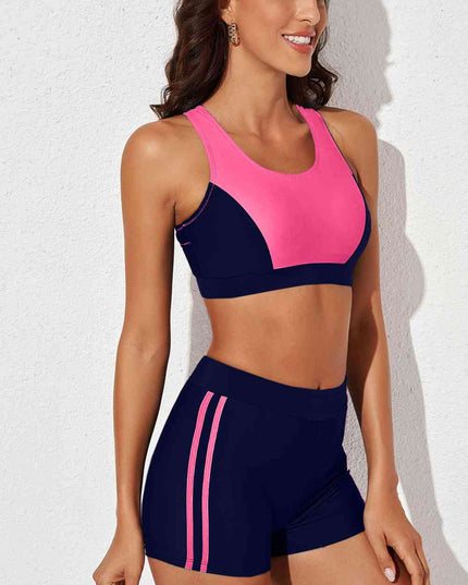 Printed Scoop Neck Back Crisscross Swim Set