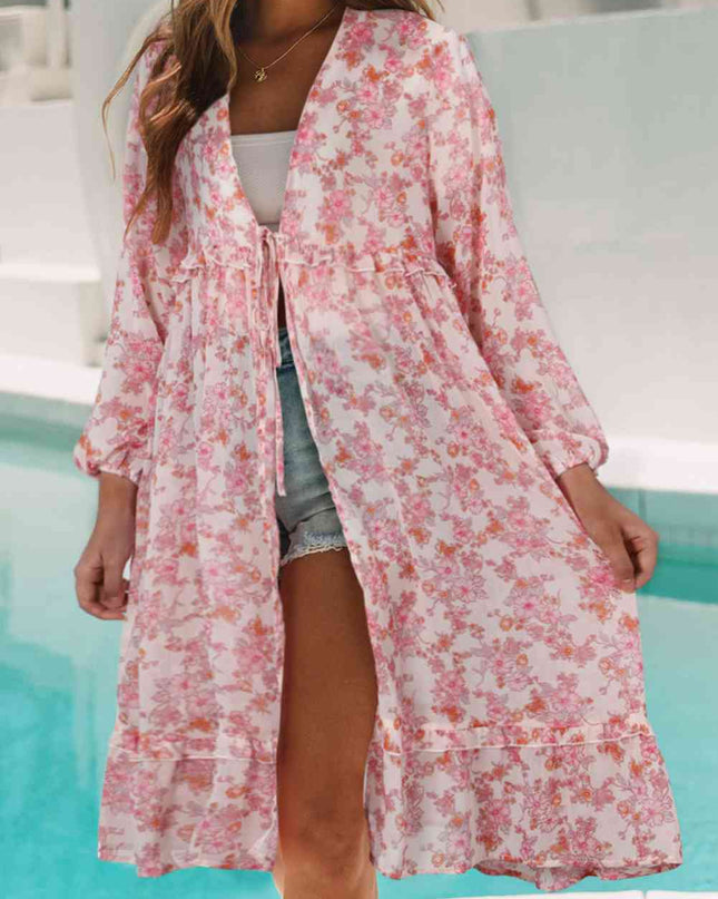 Printed Long Sleeve Tie Front Cover Up