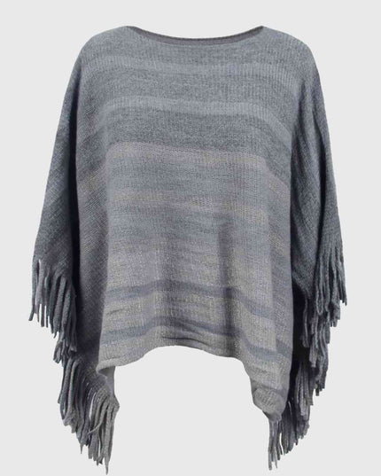 Striped Boat Neck Poncho with Fringes