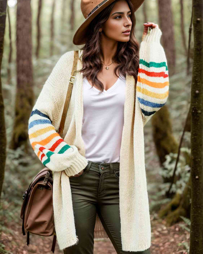 Striped Open Front Long Sleeve Cardigan