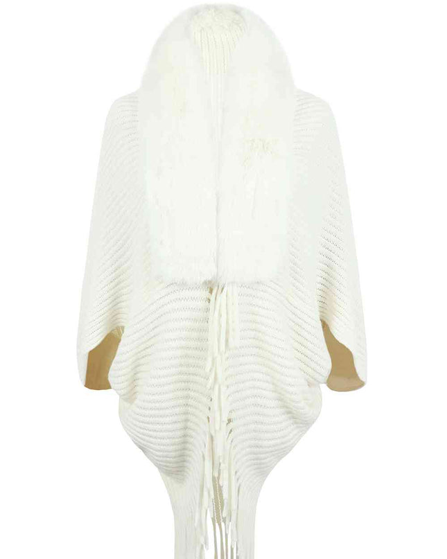 Fringe Detail Long Sleeve Ribbed Poncho