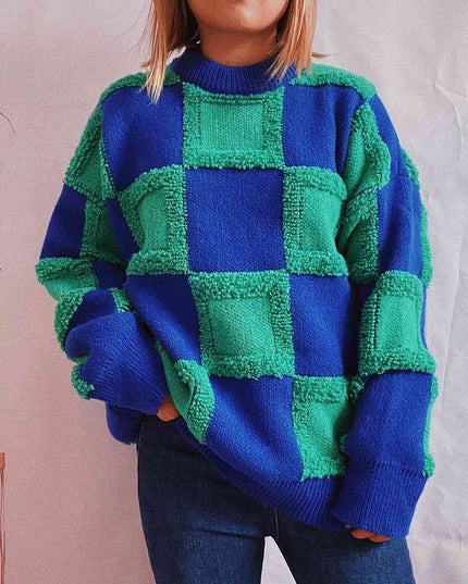 Checkered Round Neck Long Sleeve Sweater