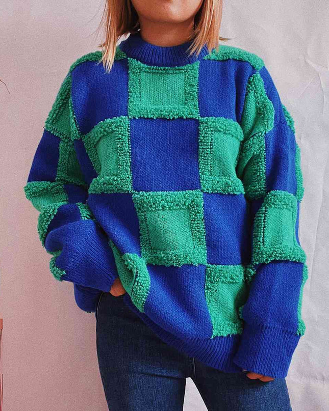 Checkered Round Neck Long Sleeve Sweater