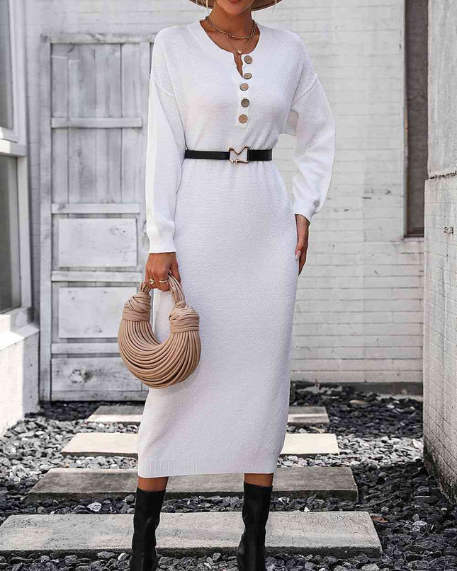 Notched Neck Dropped Shoulder Button-Down Midi Dress