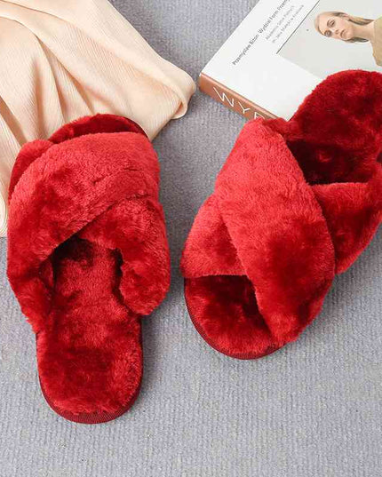 Faux Fur Crisscross Strap Slippers