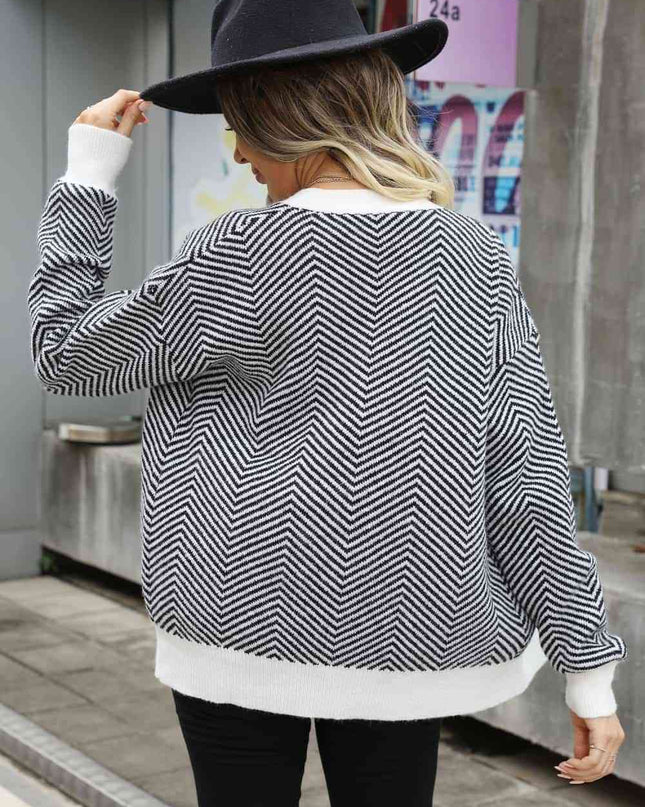 Striped V-Neck Dropped Shoulder Button-Up Cardigan