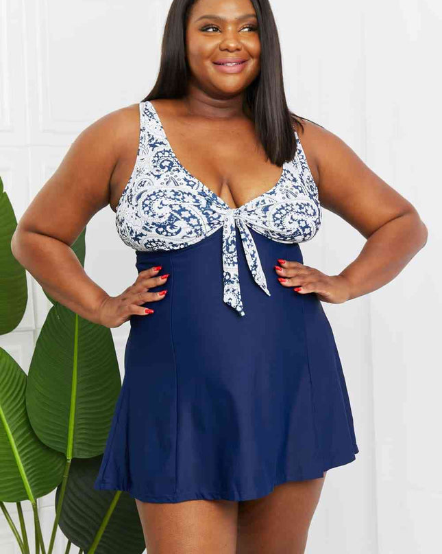 Marina West Swim Full Size Sail With Me V-Neck Swim Dress in Paisley Navy