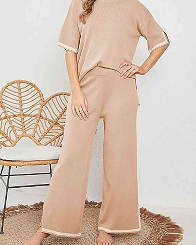 Contrast High-Low Sweater and Knit Pants Set
