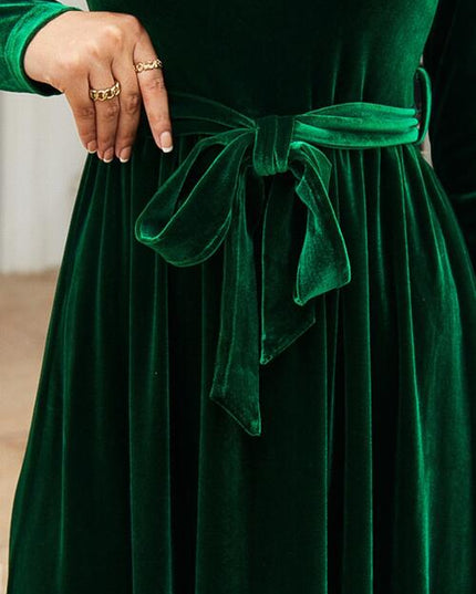 Tie Front Round Neck Long Sleeve Maxi Dress