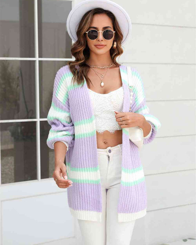 Color Block Ribbed Dropped Shoulder Open Front Cardigan