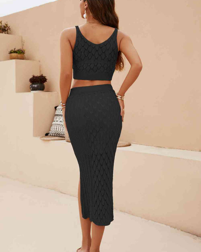 Openwork Cropped Tank and Split Skirt Set
